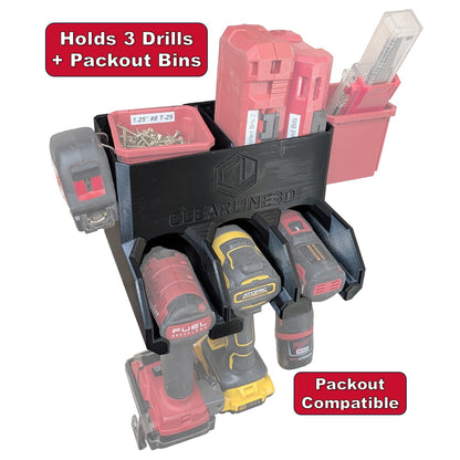 Triple Drill & Driver Holder with Bin Storage | Vehicle Rated | Packout Compatible