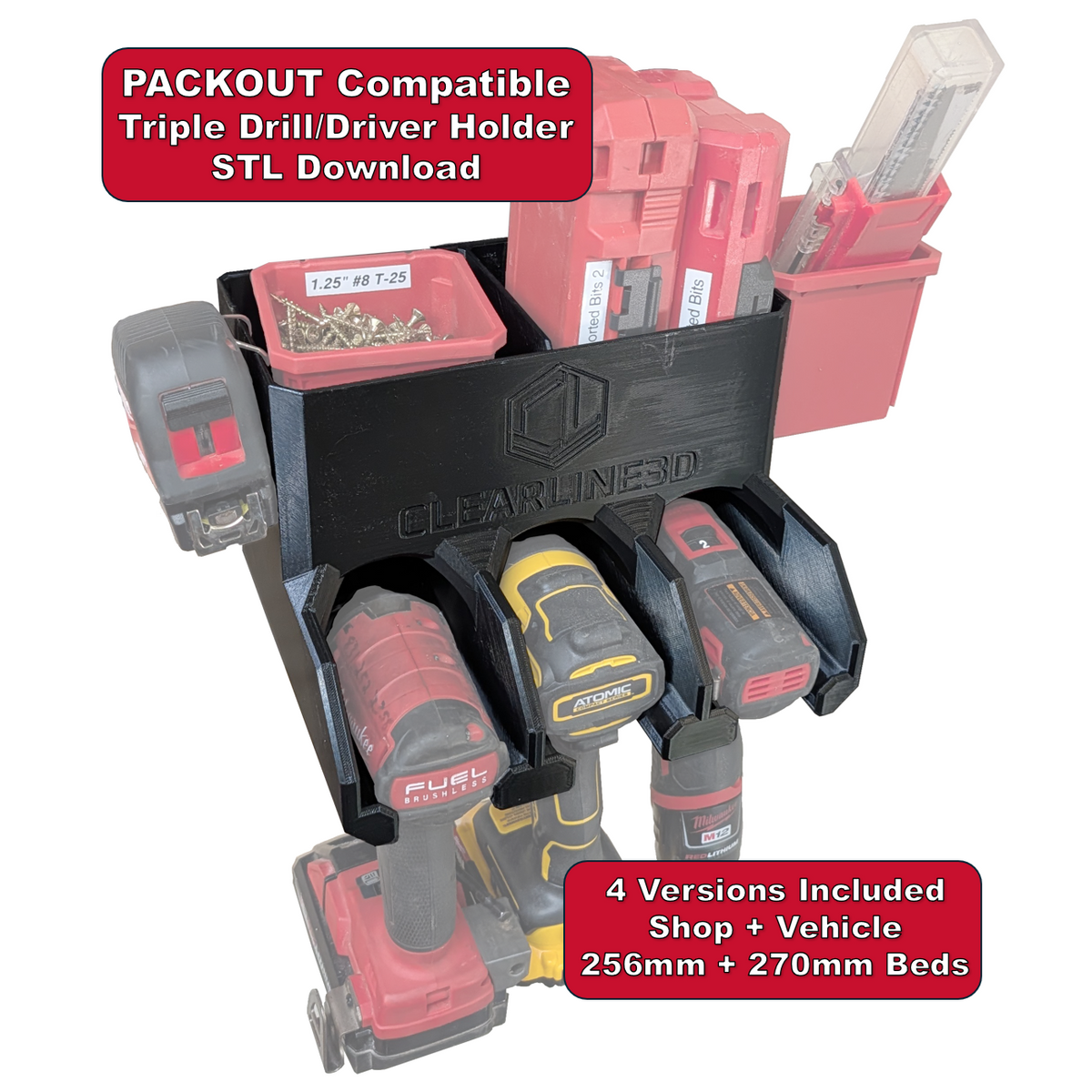 PACKOUT Compatible Triple Drill & Driver Holder STL – 4 Versions | Digital Download