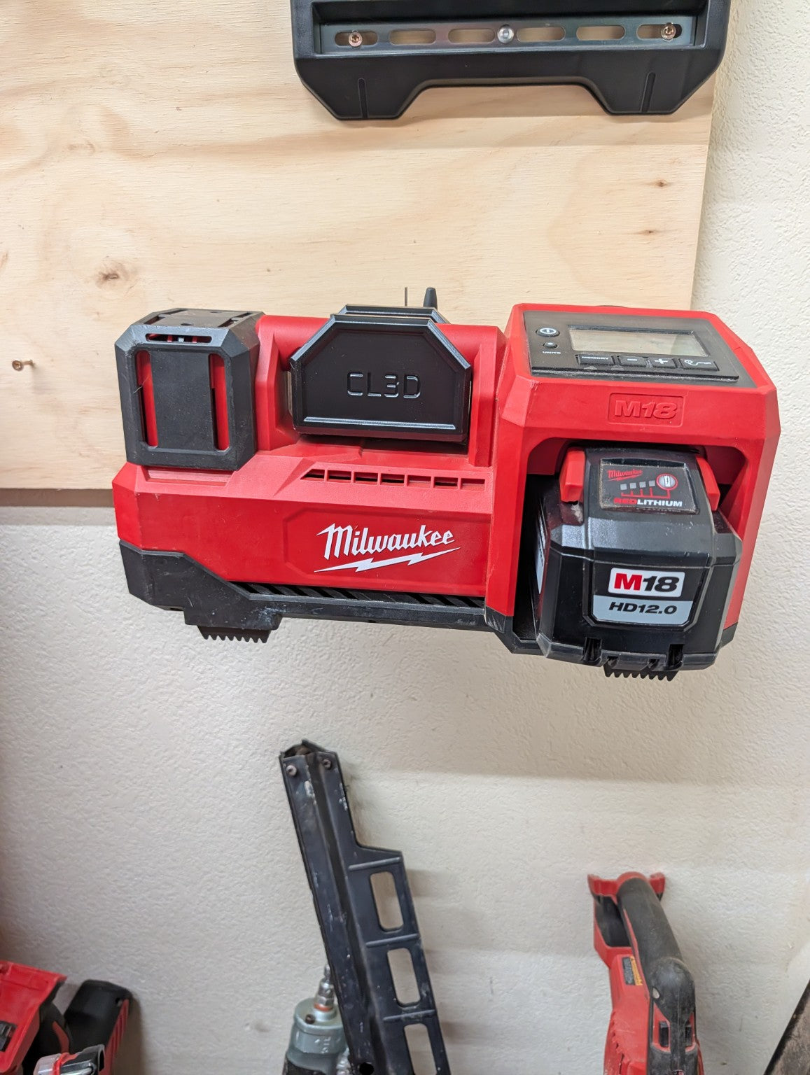 Milwaukee M18 inflator installed in ClearLine3D wall and vehicle mount